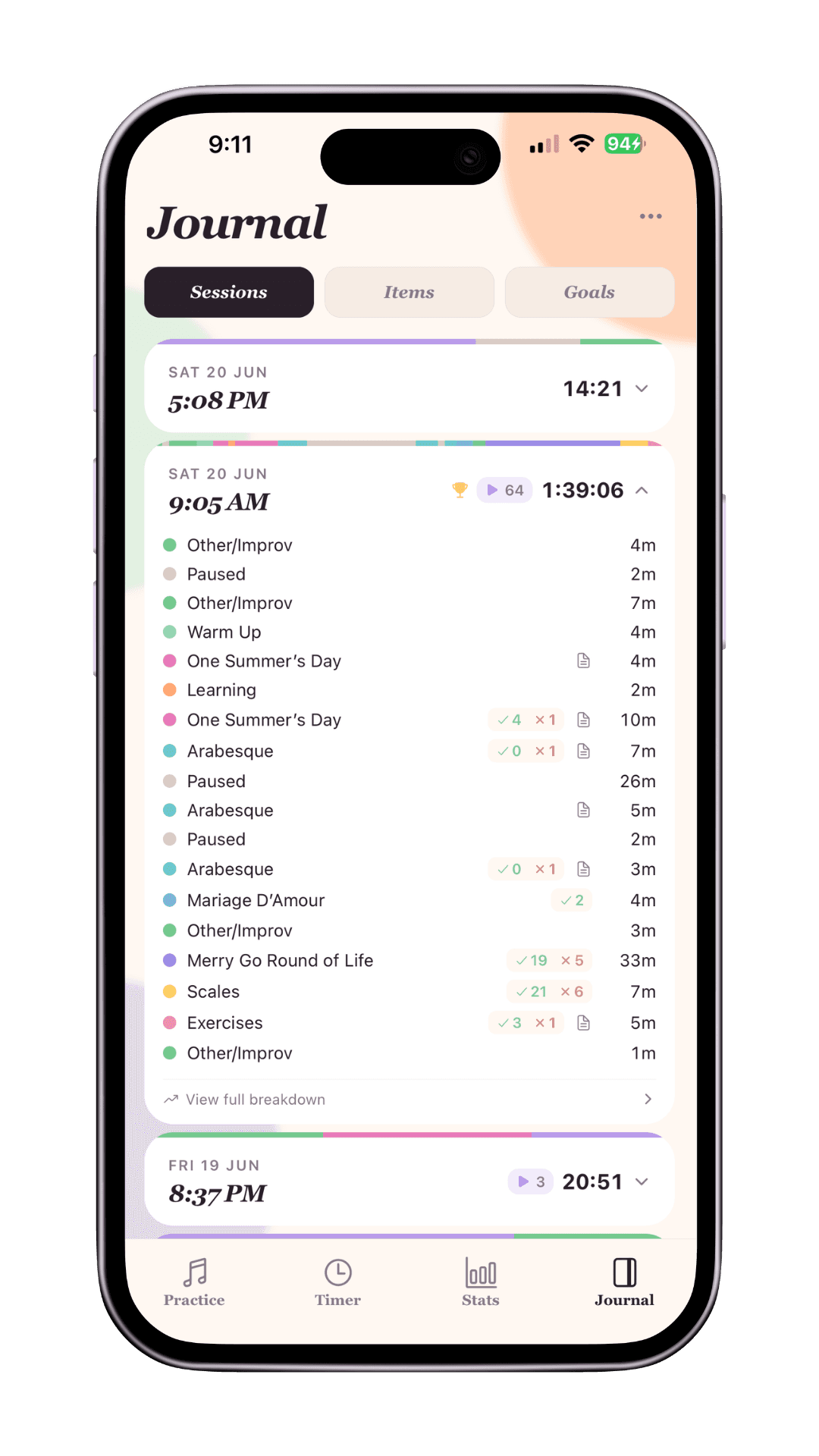 Unfold Music journal screen on an iPhone